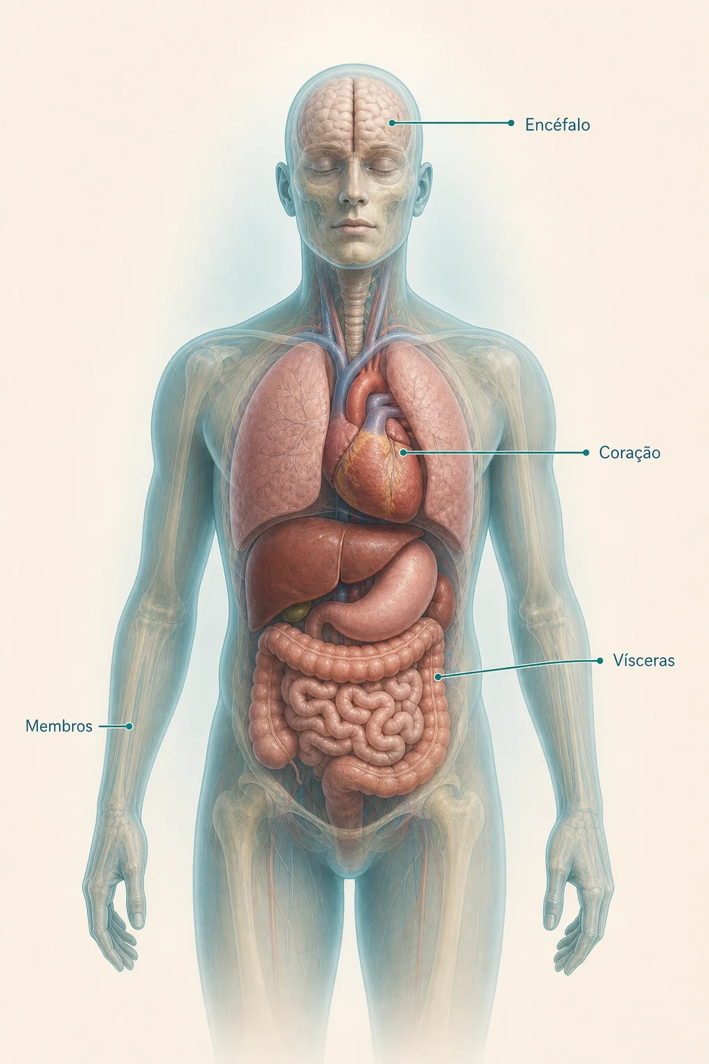Ilustração educativa do corpo humano com encéfalo, coração, vísceras e membros visíveis em visão translúcida.